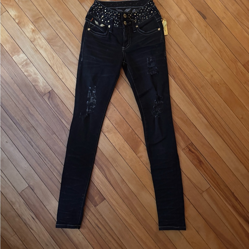 Robin’s Jean Women’s Jeans – Size 26 – Black with Gold Wings & Studs